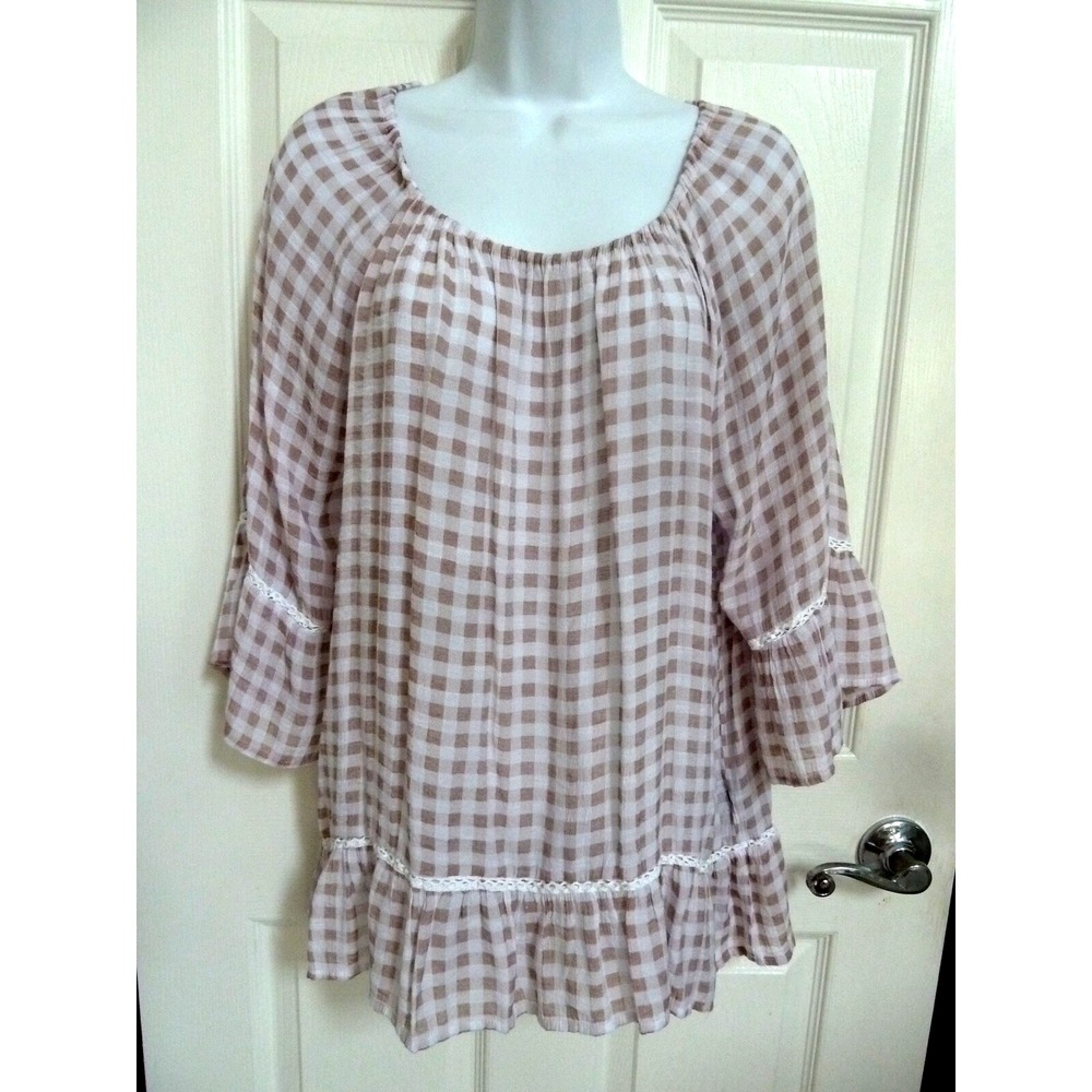 Zac & Rachel Womens Large Beige White Checkered Ruffle 3/4 Sleeve Peasant Blouse